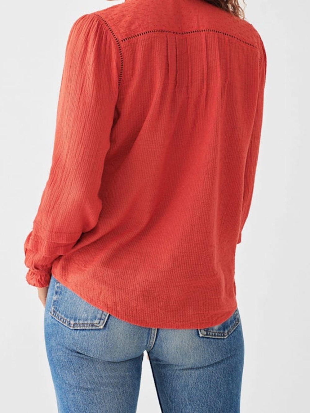 Faherty Coral-Red Button Front Ruffle Blouse - Picture 3 of 10